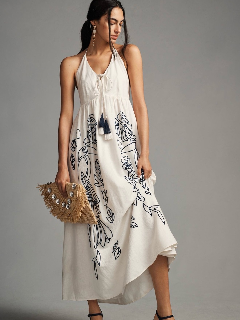 Farm Rio Embroidered Halter Maxi Dress size Small Petite